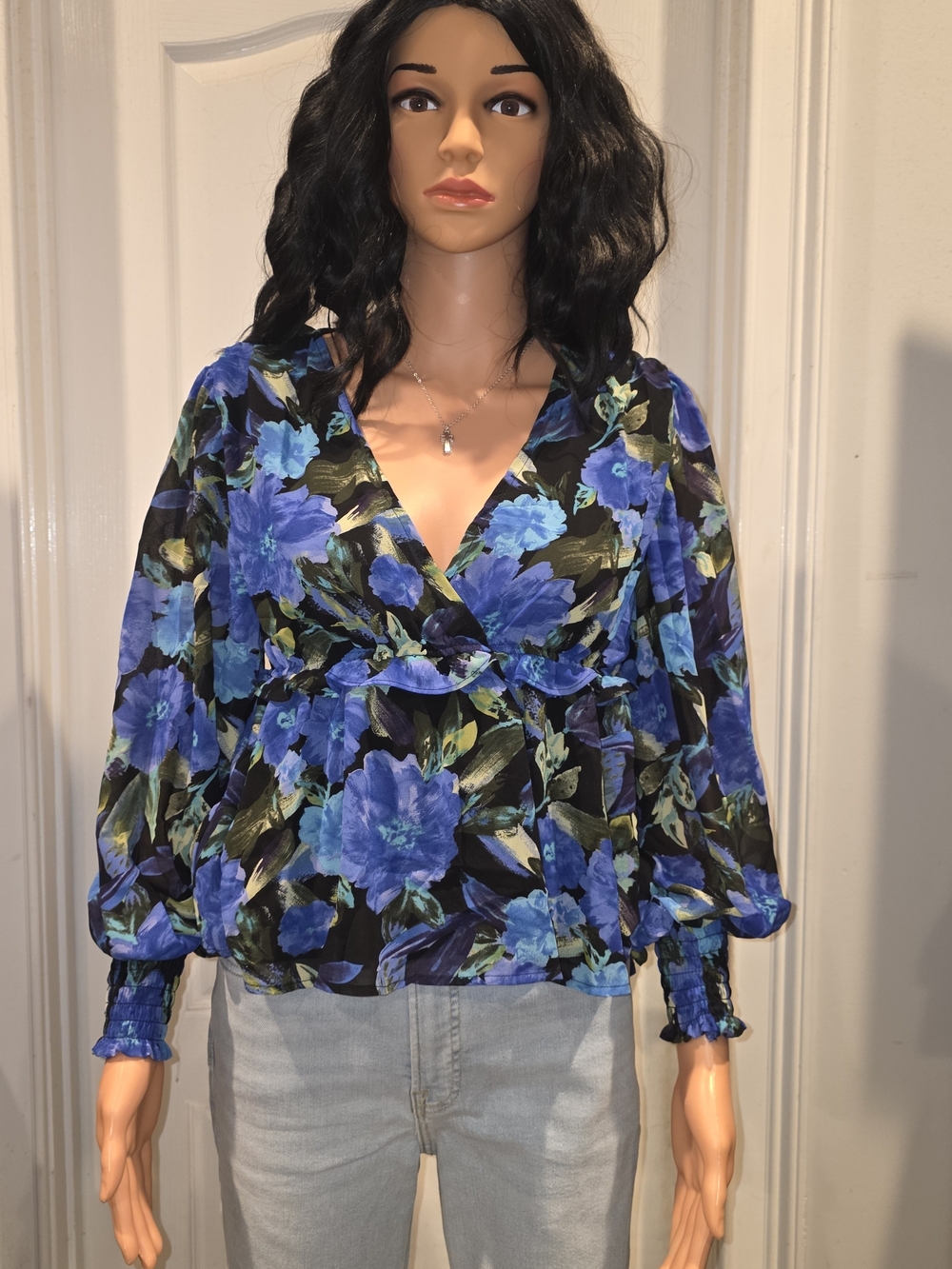 Blu Pepper Blue Floral Wrap-Style Blouse - Picture 1 of 3
